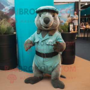 Teal Sea Lion mascot costume character dressed with a Cargo Pants and Hats