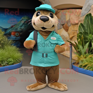 Teal Sea Lion mascot costume character dressed with a Cargo Pants and Hats