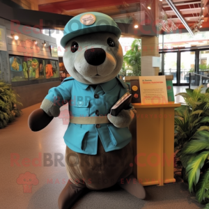 Teal Sea Lion mascot costume character dressed with a Cargo Pants and Hats