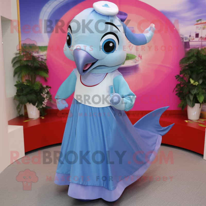 nan Dolphin mascot costume character dressed with a Circle Skirt and Clutch bags nan Dolphin mascot costume character dressed with a Circle Skirt and Clutch bags