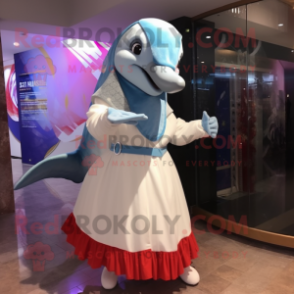 nan Dolphin mascot costume character dressed with a Circle Skirt and Clutch bags