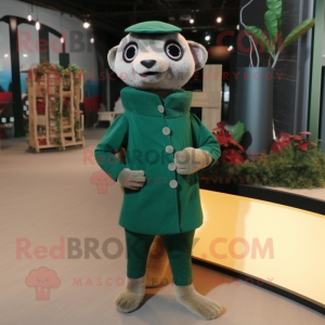 Forest Green Meerkat mascot costume character dressed with a Turtleneck and Suspenders