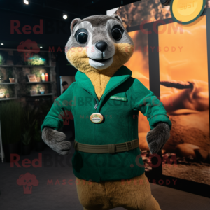 Forest Green Meerkat mascot costume character dressed with a Turtleneck and Suspenders