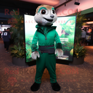 Forest Green Meerkat mascot costume character dressed with a Turtleneck and Suspenders