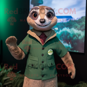 Forest Green Meerkat mascot costume character dressed with a Turtleneck and Suspenders
