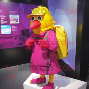 Magenta Canary mascot costume character dressed with a Raincoat and Backpacks