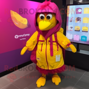 Magenta Canary mascot costume character dressed with a Raincoat and Backpacks