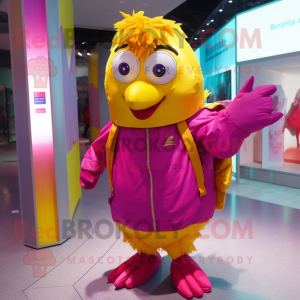 Magenta Canary mascot costume character dressed with a Raincoat and Backpacks