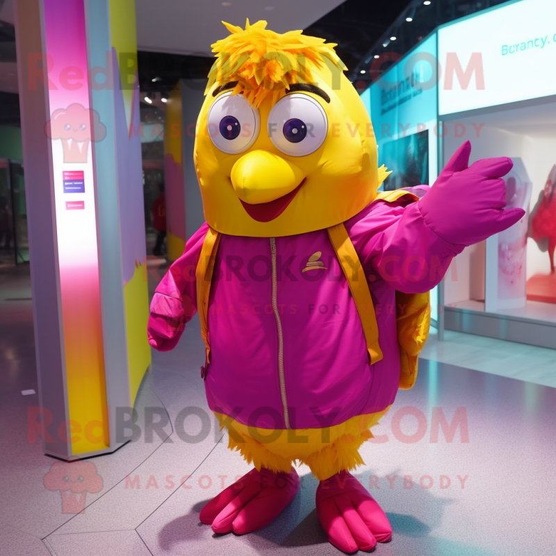 Magenta Canary mascot costume character dressed with a Raincoat and Backpacks Magenta Canary mascot costume character dressed with a Raincoat and Backpacks