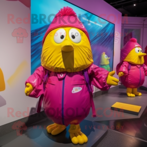 Magenta Canary mascot costume character dressed with a Raincoat and Backpacks