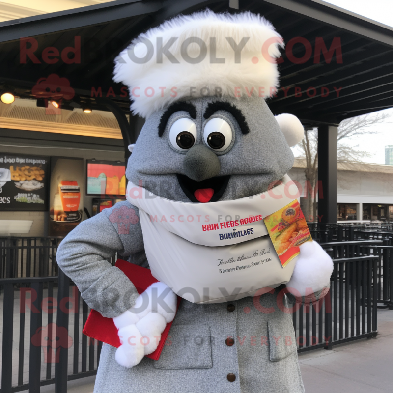 Silver Jambalaya mascot costume character dressed with a Coat and Wallets Silver Jambalaya mascot costume character dressed with a Coat and Wallets