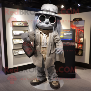 Silver Jambalaya mascot costume character dressed with a Coat and Wallets