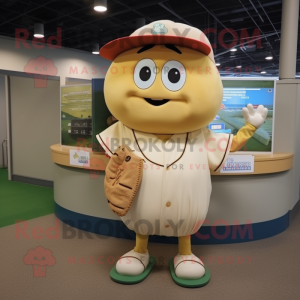 Beige Zucchini mascot costume character dressed with a Baseball Tee and Coin purses