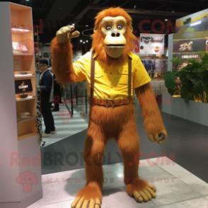 Gold Orangutan mascot costume character dressed with a Oxford Shirt and Shoe clips