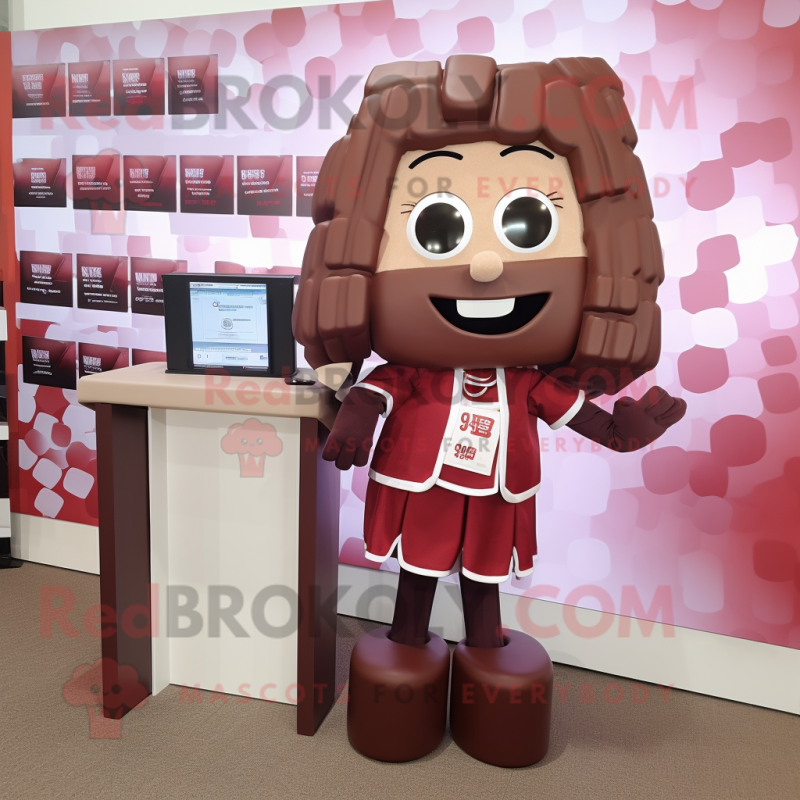 Maroon Chocolate Bars mascot costume character dressed with a Romper and Hair clips Maroon Chocolate Bars mascot costume character dressed with a Romper and Hair clips