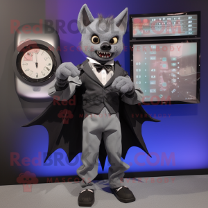 Gray Bat mascot costume character dressed with a Suit Pants and Digital watches