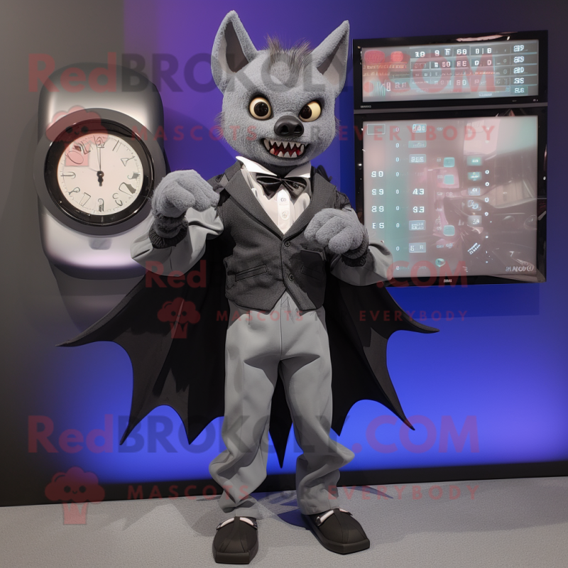 Gray Bat mascot costume character dressed with a Suit Pants and Digital watches