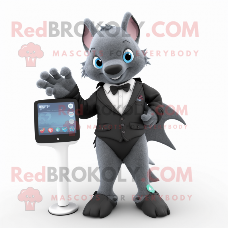 Gray Bat mascot costume character dressed with a Suit Pants and Digital watches Gray Bat mascot costume character dressed with a Suit Pants and Digital watches