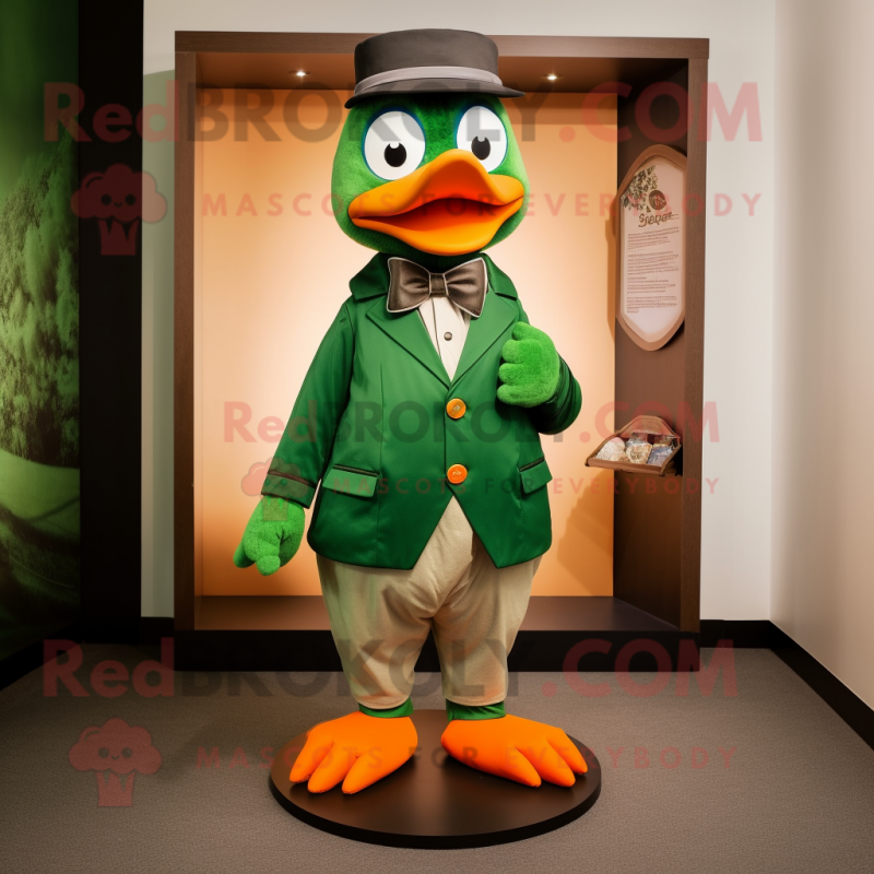 Forest Green Mandarin mascot costume character dressed with a Chinos and Bow ties