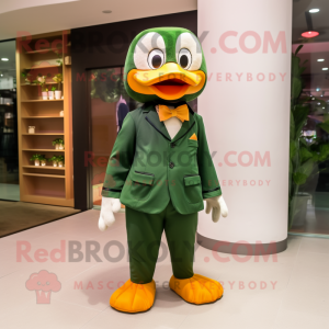 Forest Green Mandarin mascot costume character dressed with a Chinos and Bow ties