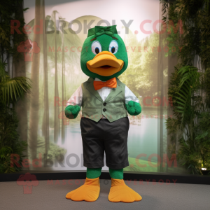 Forest Green Mandarin mascot costume character dressed with a Chinos and Bow ties