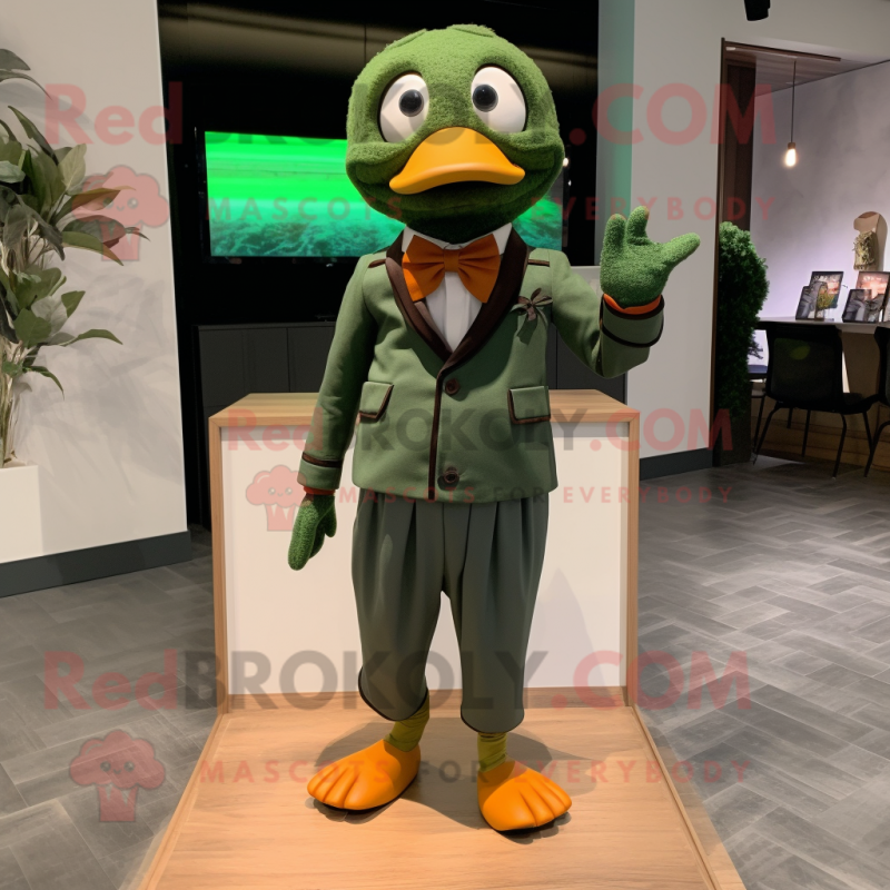 Forest Green Mandarin mascot costume character dressed with a Chinos and Bow ties