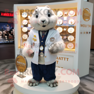 White Marmot mascot costume character dressed with a Blazer and Coin purses