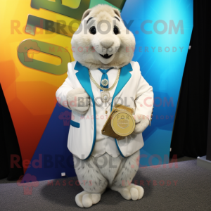 White Marmot mascot costume character dressed with a Blazer and Coin purses