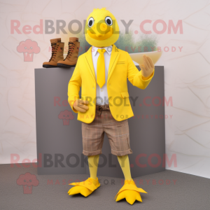Yellow Quail mascot costume character dressed with a Blazer and Shoe laces