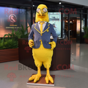 Yellow Quail mascot costume character dressed with a Blazer and Shoe laces