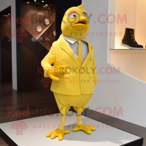 Yellow Quail mascot costume character dressed with a Blazer and Shoe laces