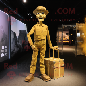 Gold Stilt Walker mascot costume character dressed with a Cargo Shorts and Handbags