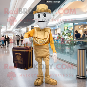 Gold Stilt Walker mascot costume character dressed with a Cargo Shorts and Handbags