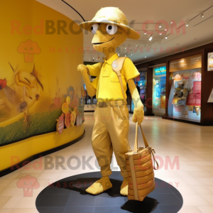 Gold Stilt Walker mascot costume character dressed with a Cargo Shorts and Handbags