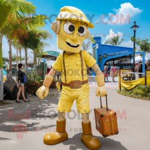 Gold Stilt Walker mascot costume character dressed with a Cargo Shorts and Handbags