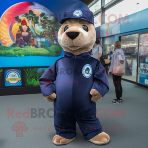 Navy Sea Lion mascot costume character dressed with a Polo Shirt and Beanies