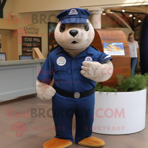 Navy Sea Lion mascot costume character dressed with a Polo Shirt and Beanies