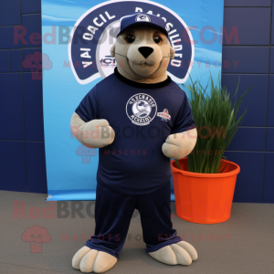 Navy Sea Lion mascot costume character dressed with a Polo Shirt and Beanies