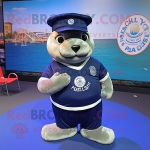 Navy Sea Lion mascot costume character dressed with a Polo Shirt and Beanies