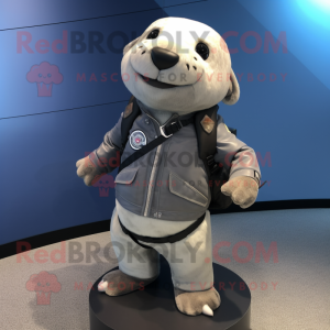 Gray Seal mascot costume character dressed with a Moto Jacket and Backpacks