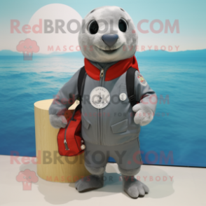 Gray Seal mascot costume character dressed with a Moto Jacket and Backpacks