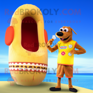 Tan Hot Dog mascot costume character dressed with a One-Piece Swimsuit and Rings