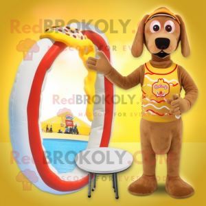 Tan Hot Dog mascot costume character dressed with a One-Piece Swimsuit and Rings