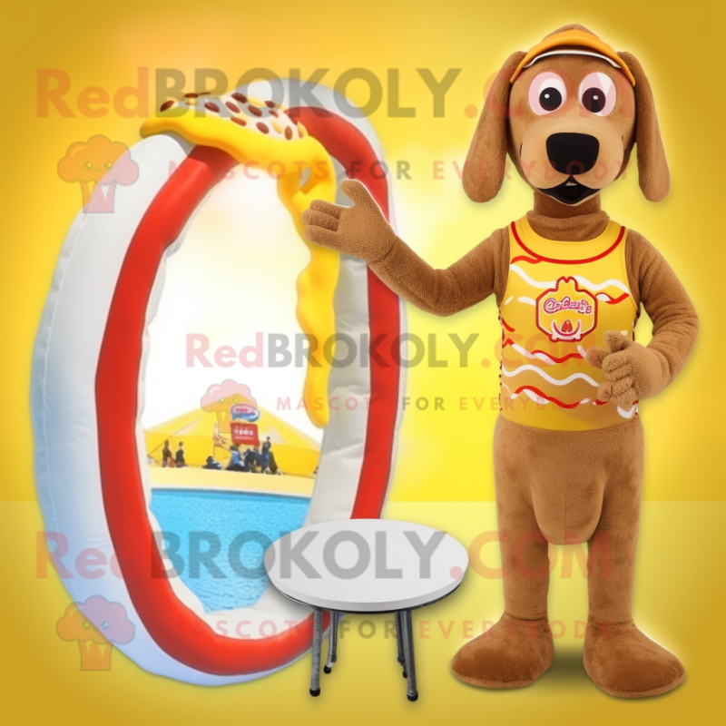 Tan Hot Dog mascot costume character dressed with a One-Piece Swimsuit and Rings Tan Hot Dog mascot costume character dressed with a One-Piece Swimsuit and Rings