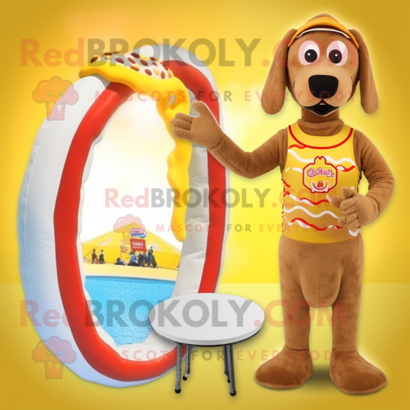 Tan Hot Dog mascot costume character dressed with a One-Piece Swimsuit and Rings