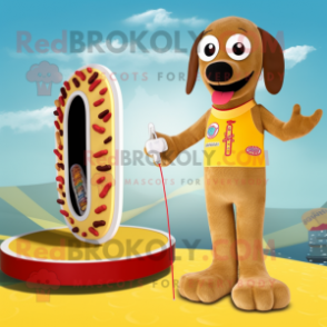 Tan Hot Dog mascot costume character dressed with a One-Piece Swimsuit and Rings