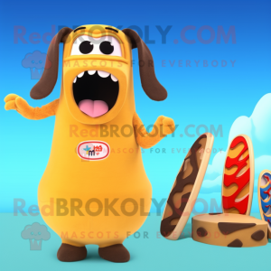 Tan Hot Dog mascot costume character dressed with a One-Piece Swimsuit and Rings