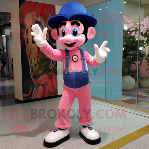Pink Mime mascot costume character dressed with a Denim Shorts and Bracelet watches