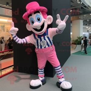 Pink Mime mascot costume character dressed with a Denim Shorts and Bracelet watches