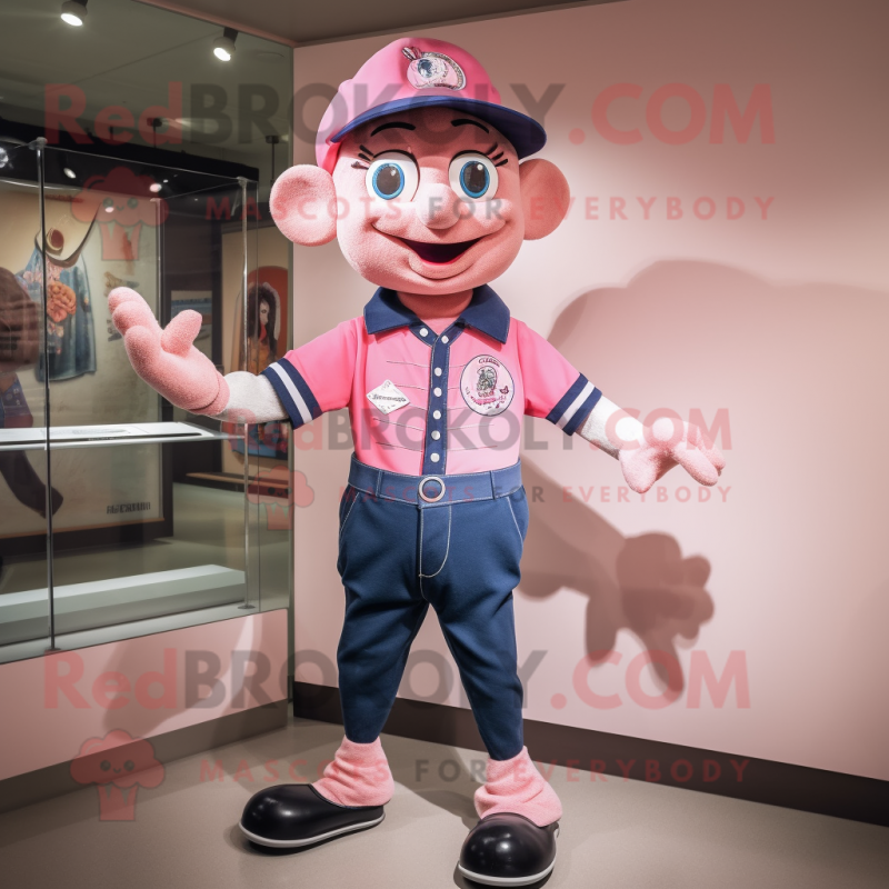 Pink Mime mascot costume character dressed with a Denim Shorts and Bracelet watches